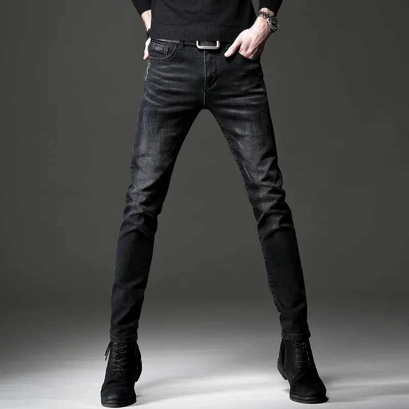 Autumn New Men's Black Jeans Fashion Embroidered Stretch Slim Fit Denim Pants Korean Style Casual Trousers
