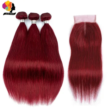 

Red 3 Bundles With Closure Brazilian Straight 100% Human Hair Weave Colored 99J Burgundy Bundles With Closure Remyblue Remy Hair