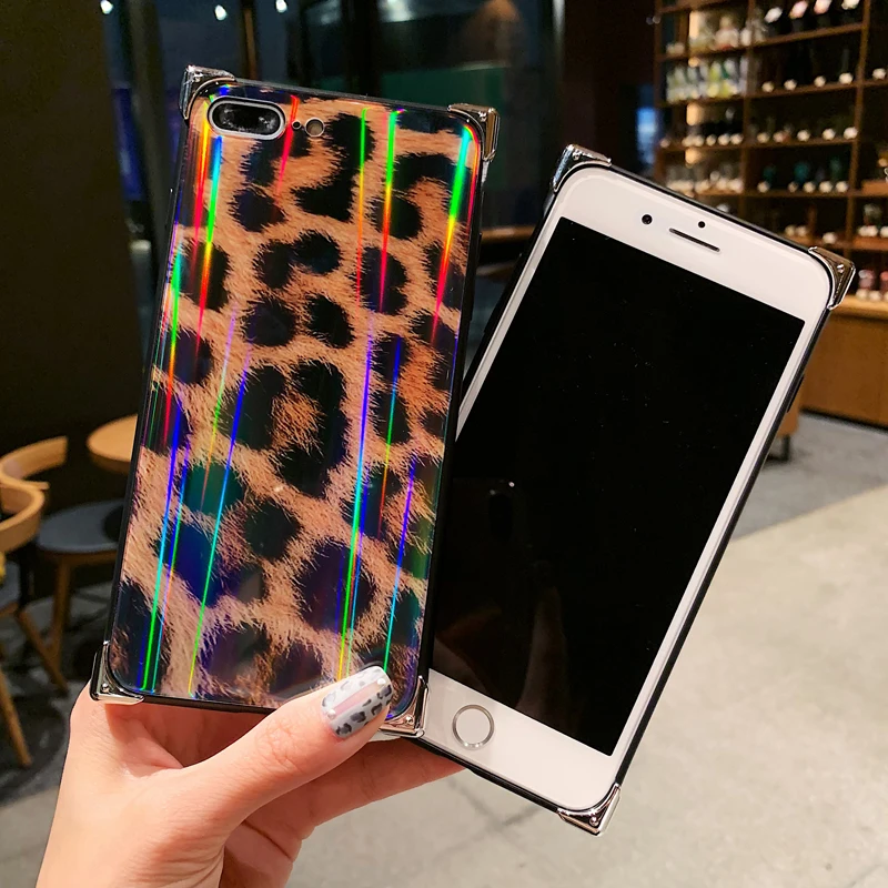 Квадратное закаленное стекло чехол для iphone X XS XR MAX для iphone 6 7 8 plus леопардовый узор Твердый Чехол