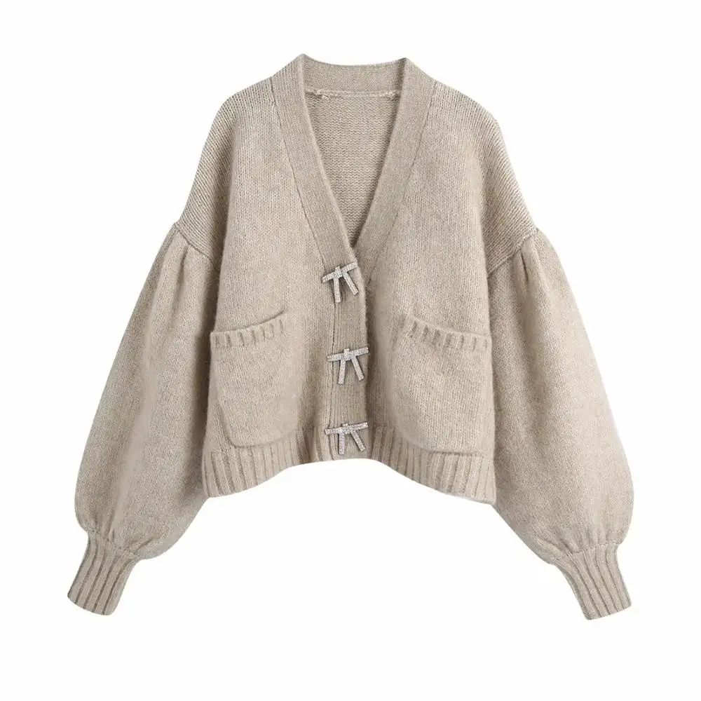 New Autumn Winter Women Knit Cardigan Rhinestone Buttons Long Sleeves V Neck Loose Sweater Casual Fashion Chic Tops