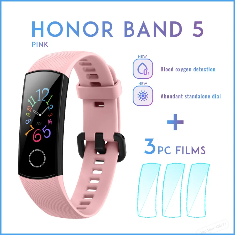 Смарт-браслет huawei Honor Band 5 для здоровья, спортивный браслет, цветной сенсорный экран, плавающий ход, Обнаружение сна, пульса - Color: pink add films