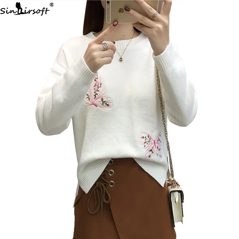 Women's Korean Version Of The Pullover Shirt Autumn New Fashion Trend Casual Butterfly Pattern Was Thin Slit Sweater Women | Женская