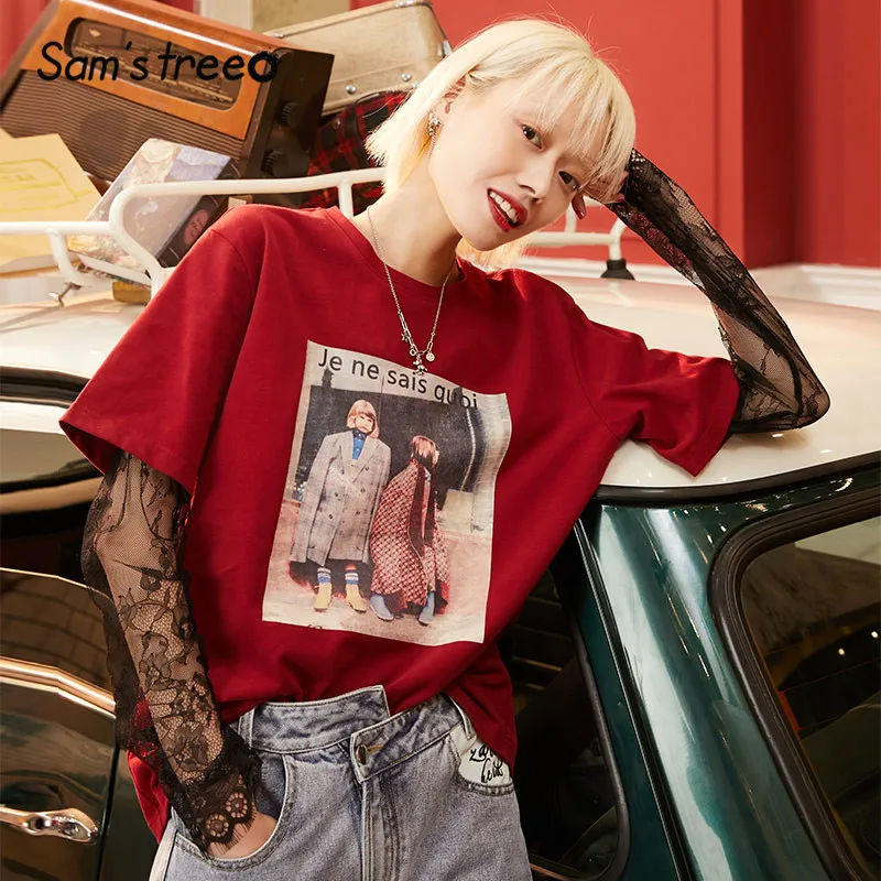 

SAM'S TREE Red Print PatchWork Korean Casual T Shirts 2020 Winter Lace Contrast Sleeve Office Ladies Basic Fake Two Pieces Tops