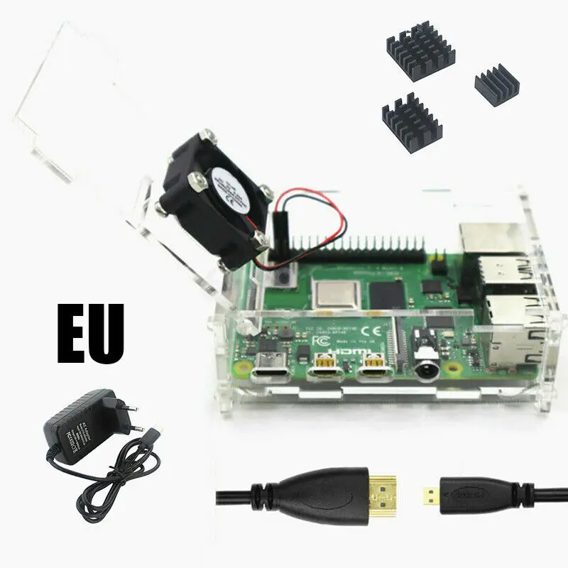 EU Kit Новинка 5V 3A Мощность адаптер Micro HDMI кабель прозрачный акриловый чехол Корпус коробка с охлаждающим вентилятором теплоотвод для Raspberry Pi 4 модели B - Цвет: EU Kit