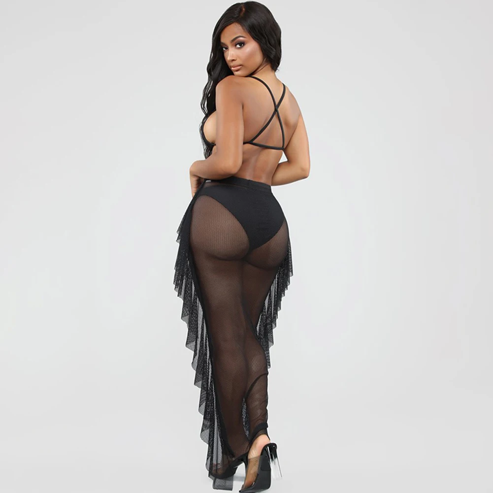Skirts Womens Sexy See-Through Skirt Fishnet Side Ruffles Long Skirt Hollow High Waist Skirts Mesh Sheer Sarong Bikini Cover up