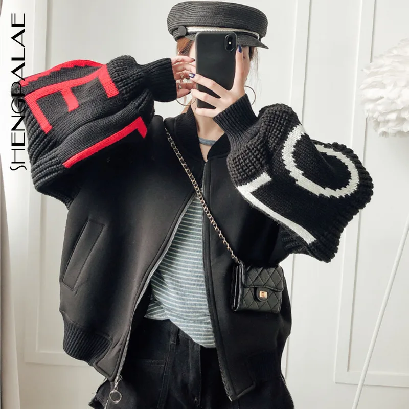 

SHENGPALAE 2019 New Fashion Autumn Knit Sleeve Stitching Space Cotton Baseball Uniform Women Loose Letter Casual Jackets FT789