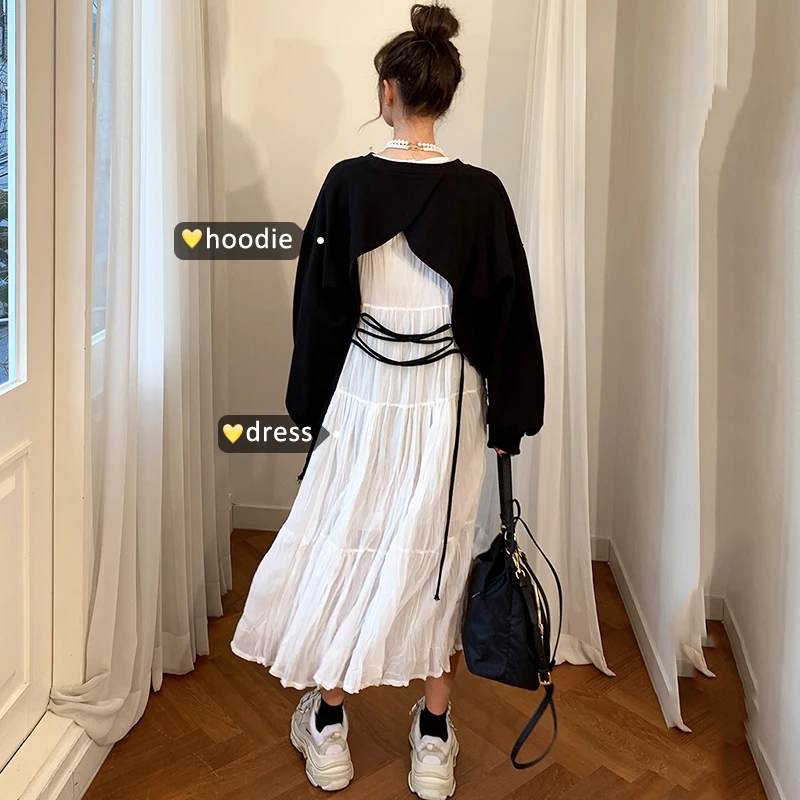 SHENGPALAE, новинка, весна, Корея, сзади, Chalaza, полый свитер+ круглый вырез, складное длинное женское шифоновое платье, костюм FS321