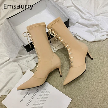 

Autumn Winter Stretch Fabric Ankle Boots Women Thin Heel Sexy Point Toe Cross-tied Sock Boots Runway Botas Mujer