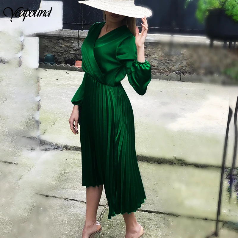 

Women Elegant Flare Pleated Satin Dress Summer Autumn Deep V Long Sleeve Dress Bow Tie Dresse OL Elegant Work Business Vestidos