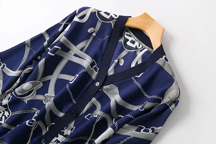 

New Style WOMEN'S Dress Western Style Printed Real Silk Hem Drawstring Closing V-neck Cardigan