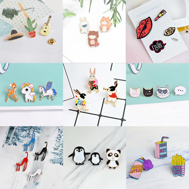 Заколки с эмалью для женщин 9 комплектов в мультяшном стиле странный Кот милая