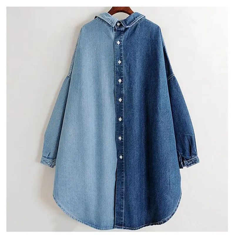 BF стиль Denim K джинсовая куртка Женская Лоскутная Осенняя длинная джинсовая куртка Высокая Низкая однобортная джинсовая куртка длинная синяя джинсовая