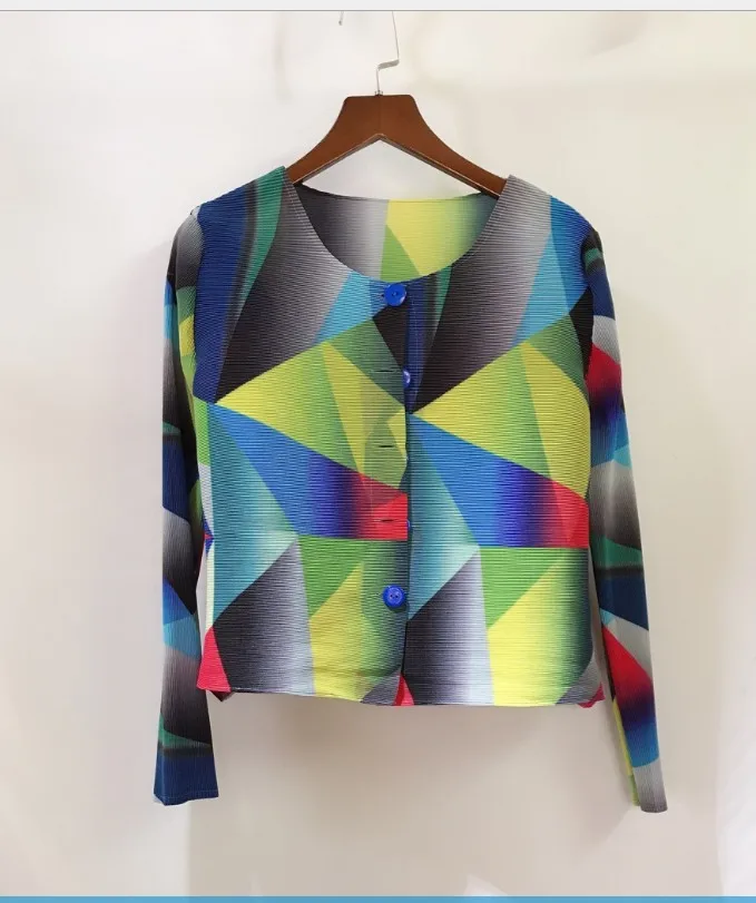 Лидер продаж Miyake fold o-образным вырезом с геометрическим принтом модное однобортное пальто с широкими рукавами-фонариками - Цвет: Многоцветный