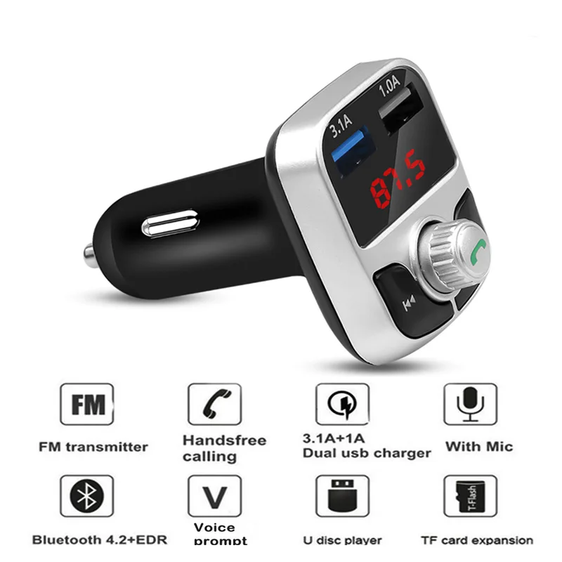 

3.1A Bluetooth FM Transmitter Handsfree Car Kit Dual USB Charger Wireless audio Receiver TF Card Music Player