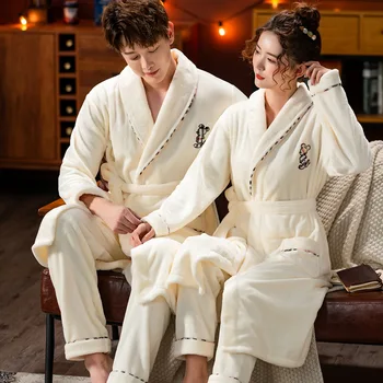 

Couple Flannel Bathrobe Set Autumn Winter Thickening Long-Sleeved Night Gown Men And Women Mid-Length Robe Nightwear 2PCS