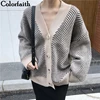 Colorfaith 2022 Women's Knitwear Autumn Winter Striped V-Neck Cardigans Buttons Oversize Korean Style Lady Sweaters Tops SWC3033 ► Photo 3/6