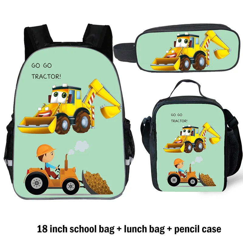Тракторная школьная сумка для мальчиков, ортопедический Детский рюкзак для малышей, школьный рюкзак с рисунком, лучшие школьные рюкзаки, школьный рюкзак, рюкзак - Цвет: 18 inch 3pcs set