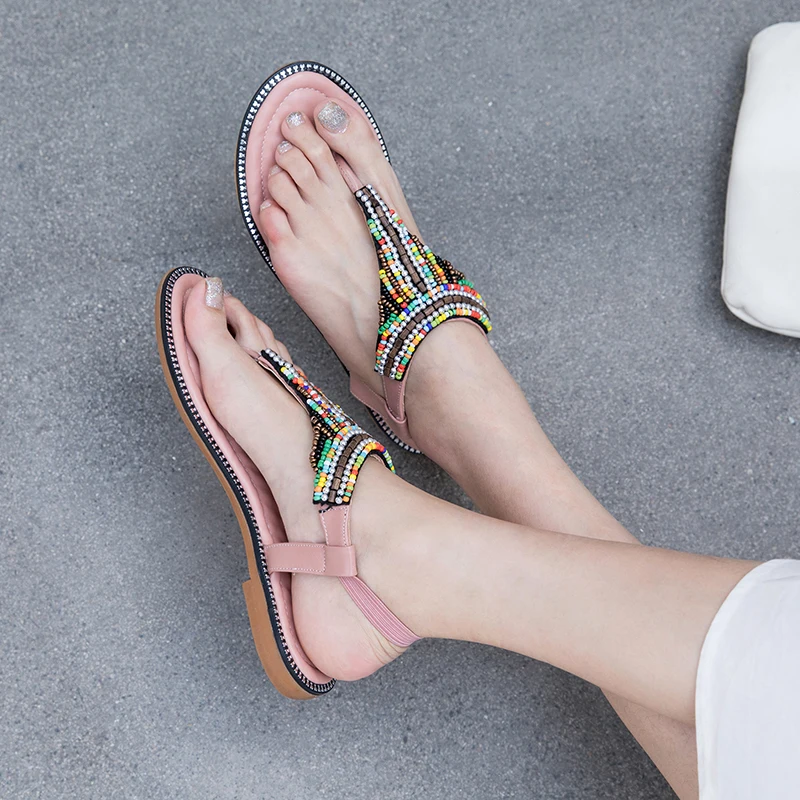 

2020 new summer ladies sandals bohemian rhinestones clip toe large size fashion wild comfortable flip flops beach shoes