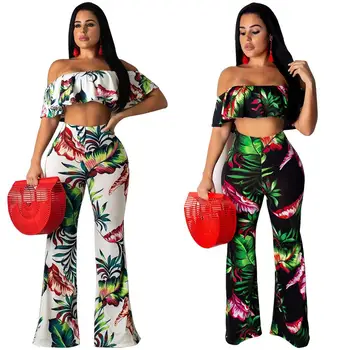 

2020 Two Piece Set Floral Leaf Pint Ruffle Off Shoulder Strapless Crop Top Long Wide Pants Women Two Piece Outfits Tracksuit