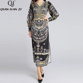 

Qian Han Zi 2020 Designer fashion spring runway Maxi dress Women V-neck Pattern print Vintage Slim High Split long Dress vestido
