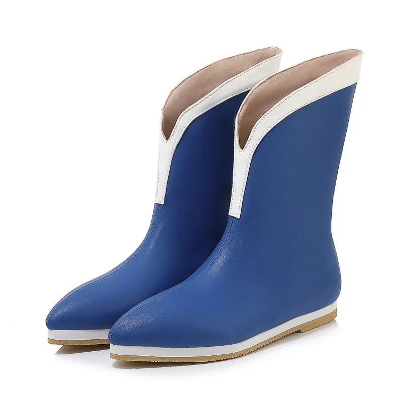 

US4-14 Womens Pointed Toe Blue Match Colors Ankle Boots Cosplay Ne Zha Devil Retro V Collar Shoes Plus Size A1775