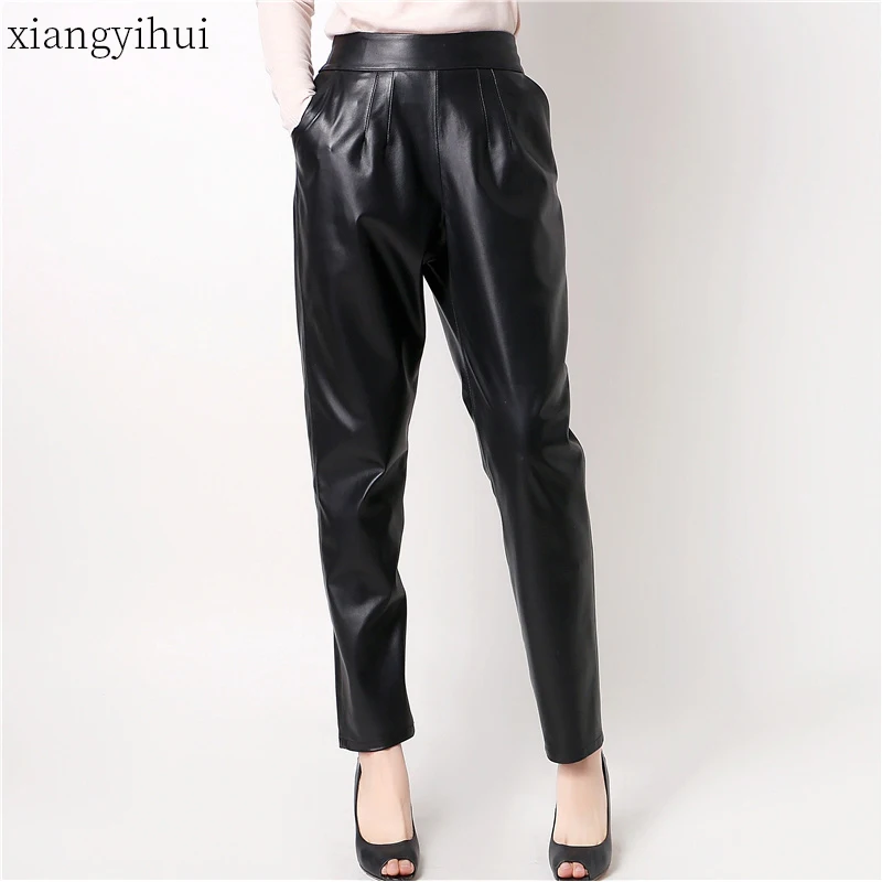 

Sheepskin Genuine Leather Women Harem Pants Elastic Natural Waist Black Real Leather Pants Long Trousers 2020 Spring Plus Size