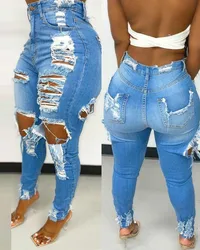 Cintura alta rasgado bainha crua jeans magros