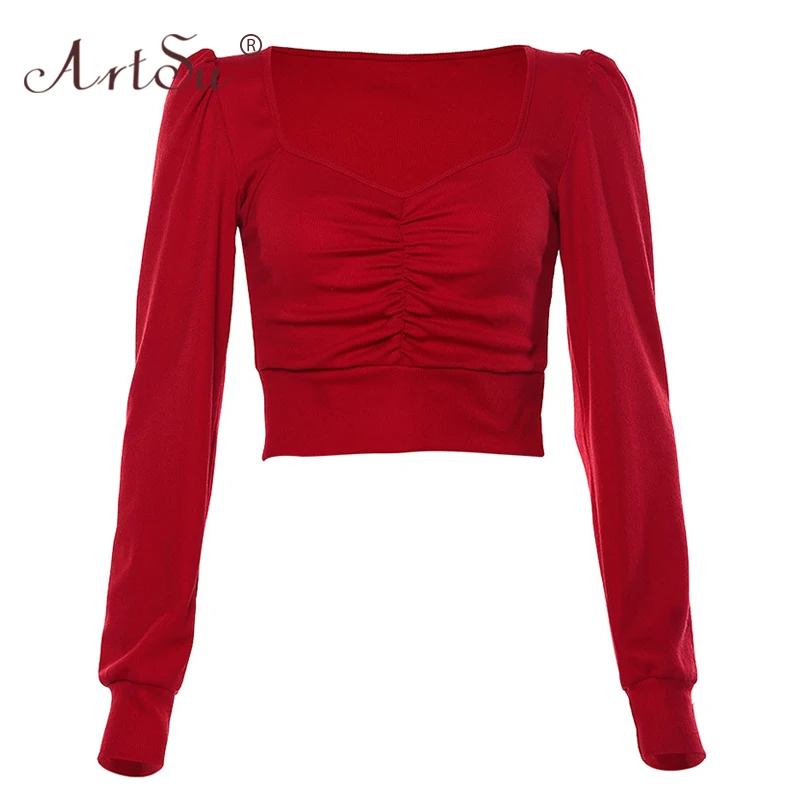

ArtSu All-Match Knitted Autumn Black Casual Tops Women Long Sleeve V-Neck Red Yellow Sexy Crop Top Fitness T Shirt Femme 2019