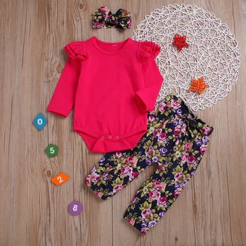 

Children's Three-piece Sets Pullover Print Rompers Suit Wine Red Round Neck Long-sleeved Robe Floral Floral Trousers Hair Band