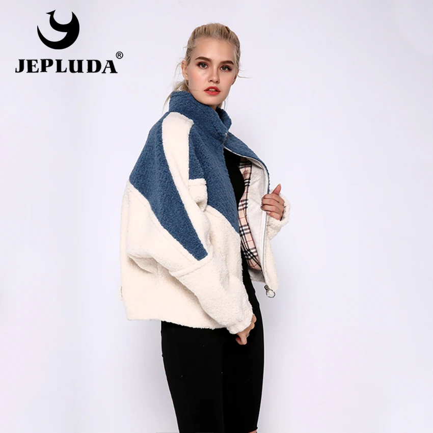 JEPLUDA Короткая меховая куртка женская зимняя на молнии с стоячим воротником