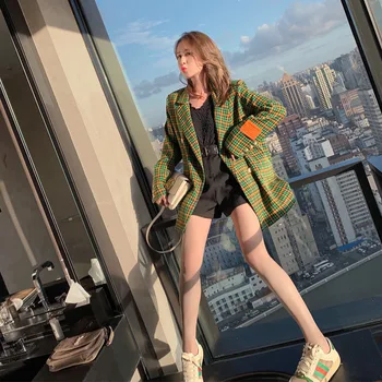

Autumn Women Vintage Green Plaid Fashion Casual Suit Coat Female Japan Korean Streetwear Blazer Jacket Double Breasted Outerwear