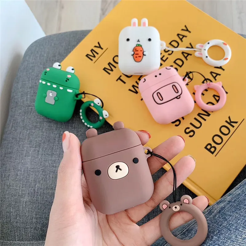 

For AirPods Case Cute Cartoon Rabbit Frog Pig Bear Pattern Earphone Cases For Apple Airpod 1 2 Cover Funda + Finger Ring Strap