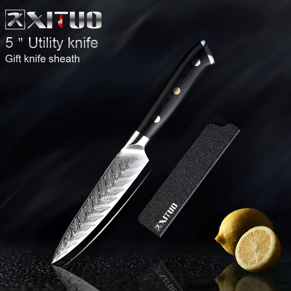 Utility knives XITUO Набор ножей шеф-повара VG10, Профессиональный кухонный нож, нож Santoku, нож для нарезки овощей, ножи Fishbone G10, ручка - Цвет: Utility knives