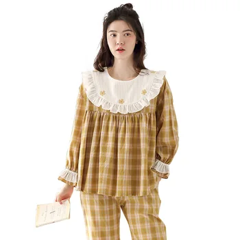 

Pajamas women's woven cotton autumn long-sleeved suit Simple plaid trousers home service two-piece suit