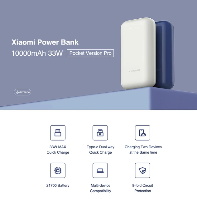 ✓ Batterie Externe/Power Bank Xiaomi Pocket Edition Pro 10000 mAh - Charge  Rapide 33W - 1x USB-A, 1x USB-C coule en stock - 123CONSOMMABLES