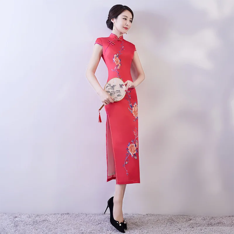 Для женщин, из искусственного шелка Qipao воротник стойка ручной работы Кнопка Cheongsam Новинка китайский формальный печати платье Большие размеры M L XL XXL XXXL
