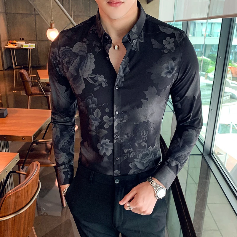 

Men's long-sleeved shirt 2019 autumn and winter new casual flower shirt Slim long-sleeved shirt youth trend men's clothing