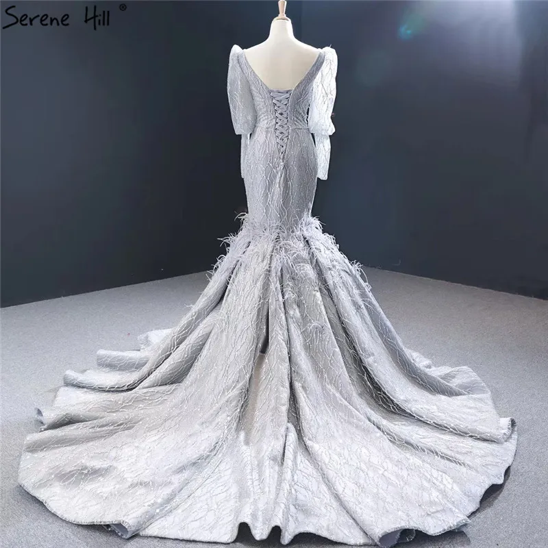 Дубай серое роскошное вечернее платье с длинным рукавом, v-образным вырезом, перьями, бисером, блестящими вечерними платьями Serene Hill CHM66952