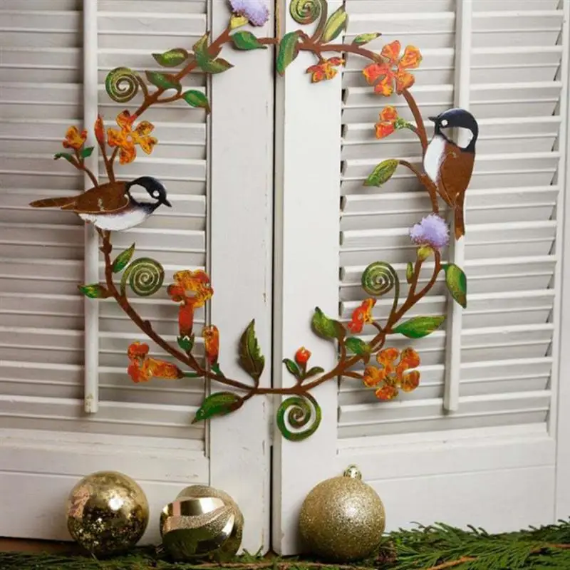 Flowers Wreath Wall Art Bird Garland Metal Hanging Wreath for Door Wall Farmhouse Decoration
