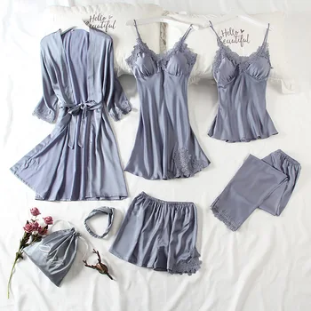 

Summer 7 PcsPajamas Set For Women Sexy Robe & Gown Set Long Sleeve Sleepwear Large Size Pajamas With Chest Pads Home Clothes