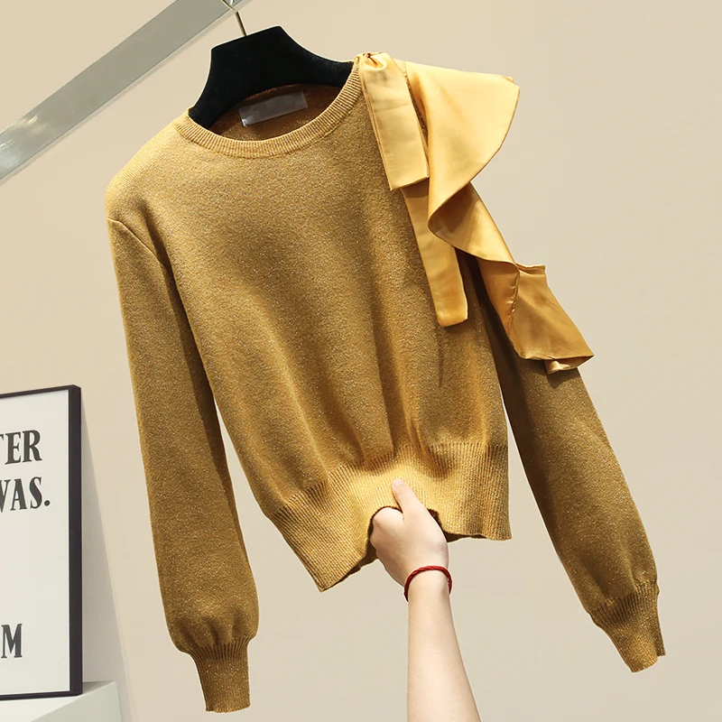 

Splicing Shoulder-exposed Short Slim Sweater Women Knitted Pullover Short Pullovers Coat Ladies All-match Top Ruffles Jumper