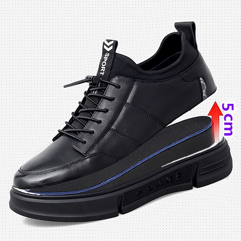 YEINSHAARS New Genuine Leather Elevator Shoes Men Sneakers Height Shoes Height Increase Shoes Tall Shoes Insole 5CM Sports Shoe