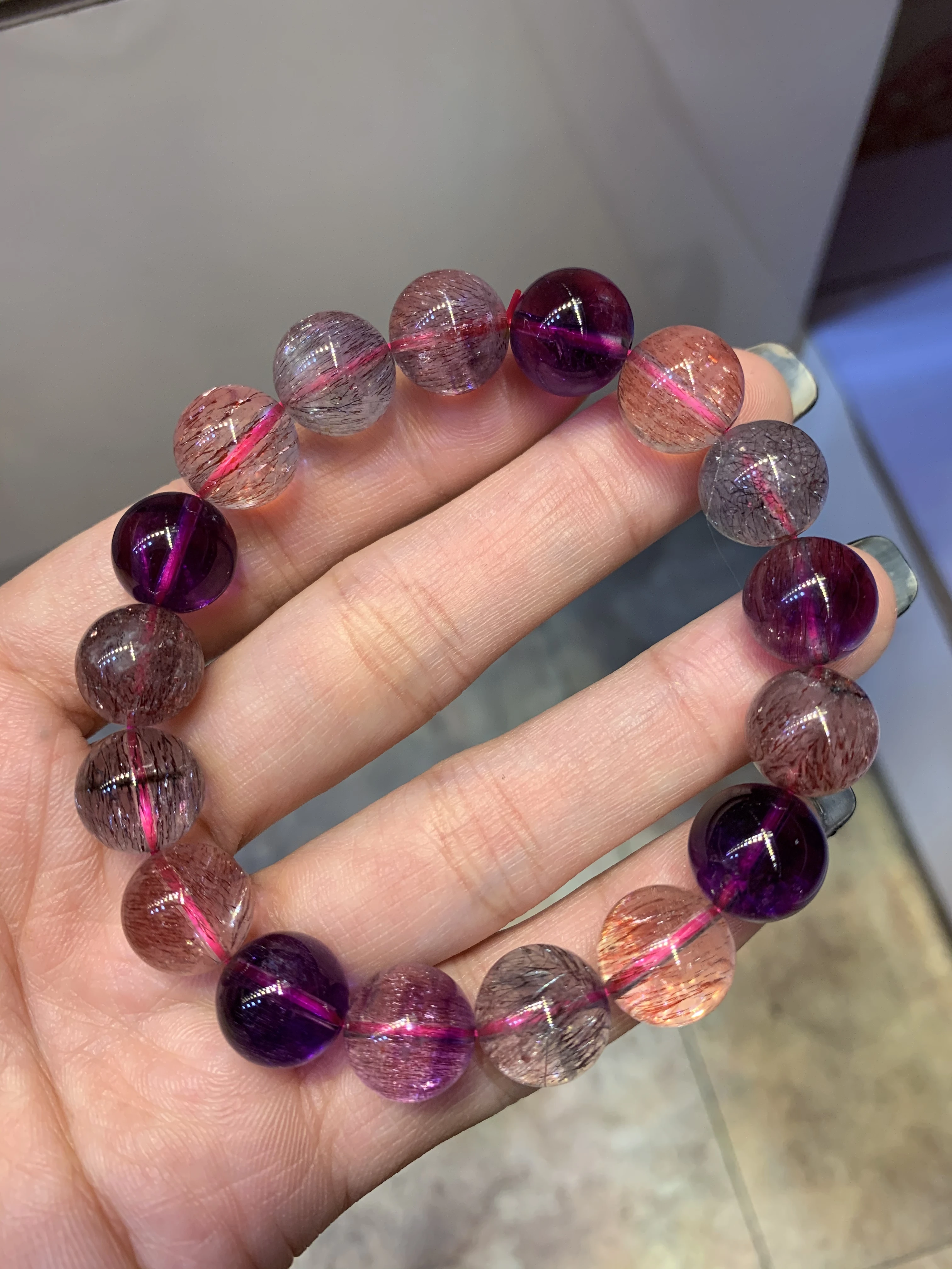 

11mm Genuine Natural Super Seven 7 Purple Rutilated Quartz Crystal Clear Round Beads Bracelet Women AAAAAA Certificate