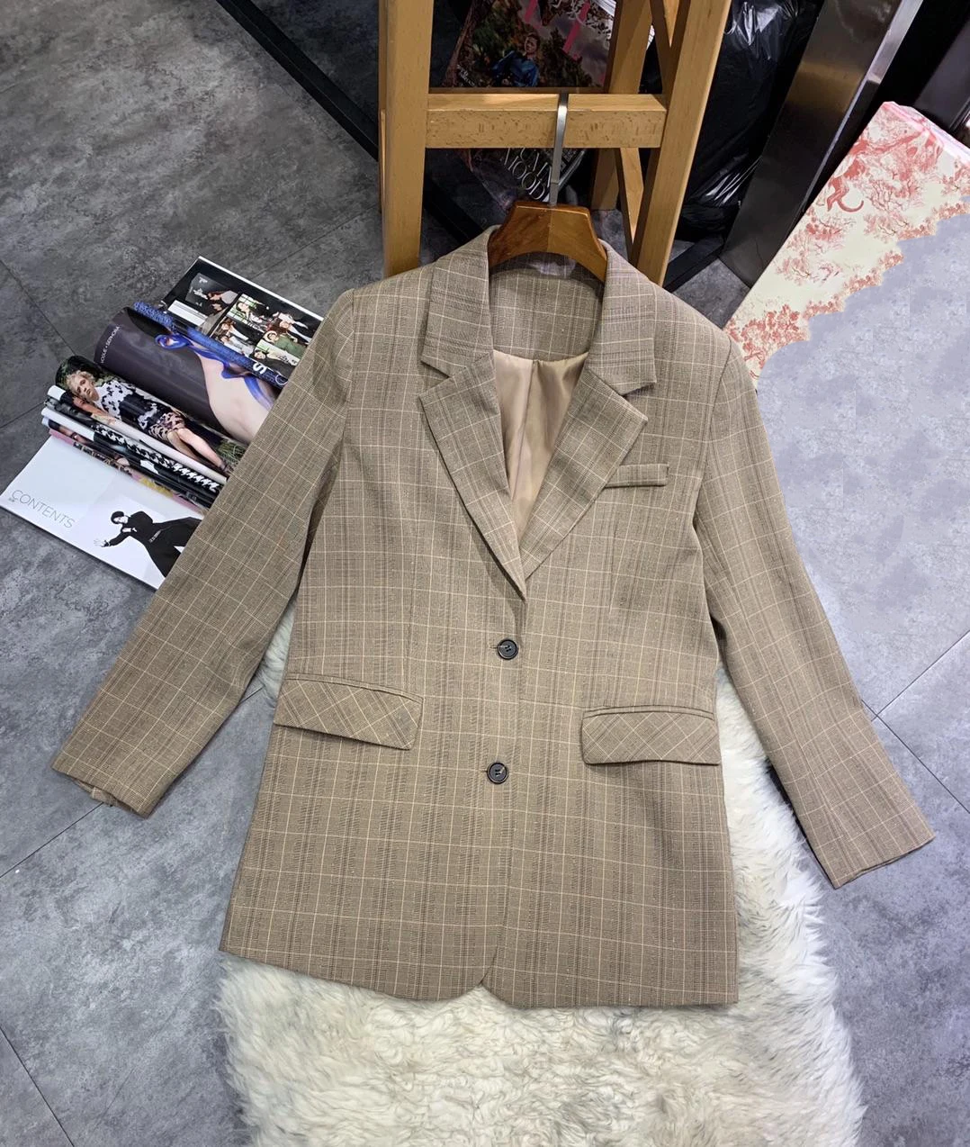

2019 new ladies high quality fashion long sleeve lapel check suit jacket 0908