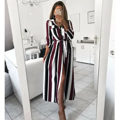 

Women Colourful Striped Long Maxi Button Shirt Dress Evening Party Long Sleeve Summer Loose Beach Elegante Long Dresses