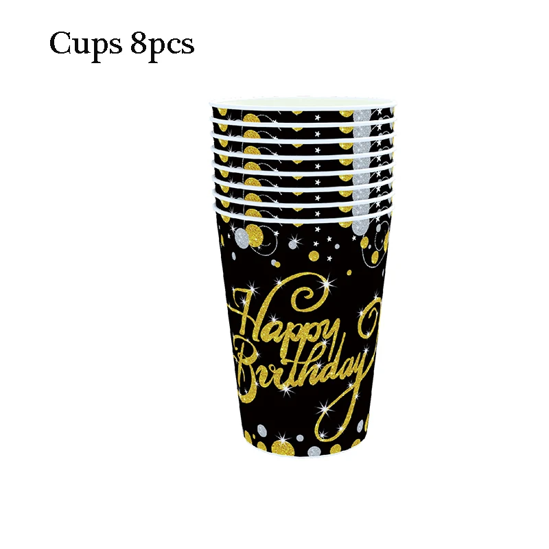 Gold Black Happy Birthday Bunting Banner Disposable Tableware Pink Paper Cup Plate Napkins for Kid Birthday Party Decor Supplies - Цвет: Cups 8pcs