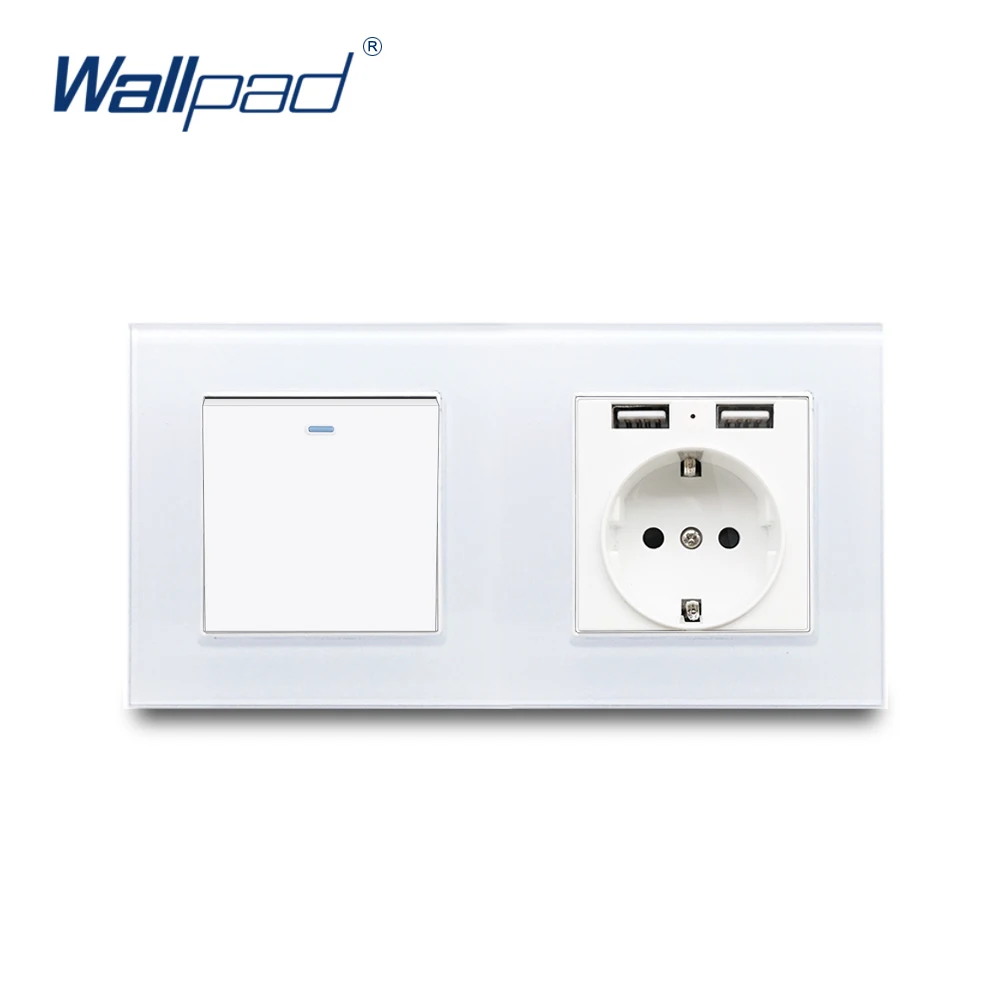 sobre Fora do Interruptor e Tomada da ue com Usb Wallpad Cristal Branco Painel de Vidro 16a ac 90v265v 2.4a Portas Usb