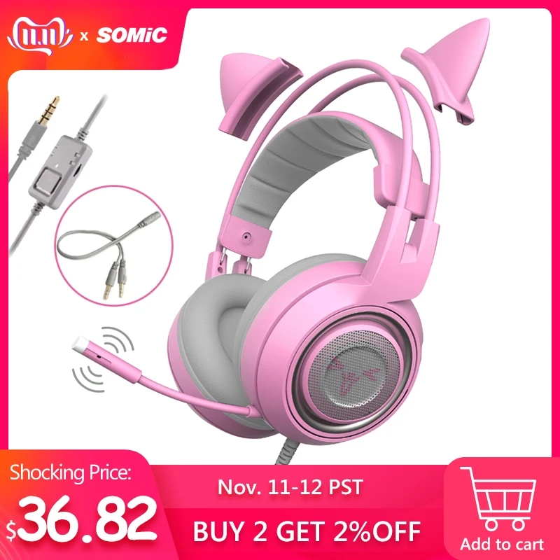 Preise SOMIC G951s PS4 Rosa Katze Ohr Noise Cancelling Kopfhörer 3,5mm Stecker Mädchen Kinder Gaming Headset mit Mikrofon für Telefon