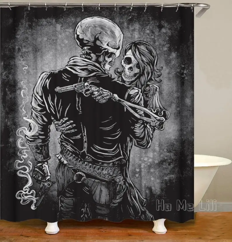 

Занавеска для душа Скелет влюбленный с черным пистолетом