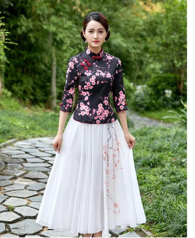 SHENG COCO S-4XL плюс размер черные цветы кофточка Ципао Атлас Традиционный китайский стиль Cheongsam рубашки сливовый печати Qipao Топ